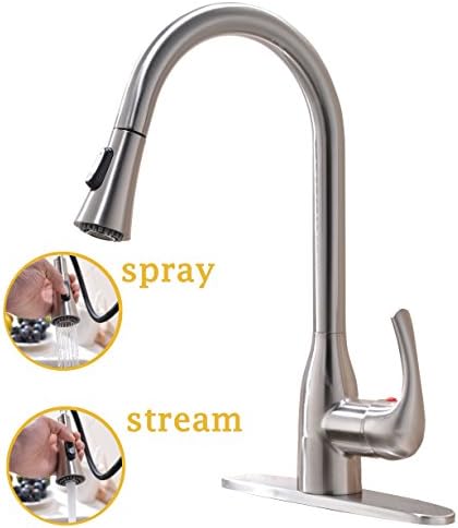 Modern Commercial High Arch Stainless Steel Brushed Nickel Single Handle Pull Out Sprayer Kitchen Sink Faucet, Pull down kitchen faucet with Deck Plate.