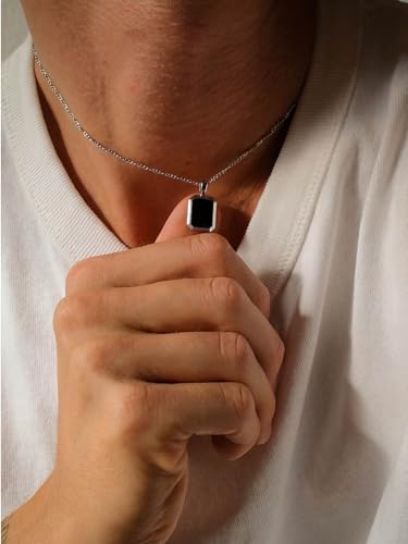 Purelei Midnight – Cadena para hombre, resistente al agua y ajustable, cadena de acero inoxidable con colgante rectangular e incrustación negra, pieza minimalista para cada día