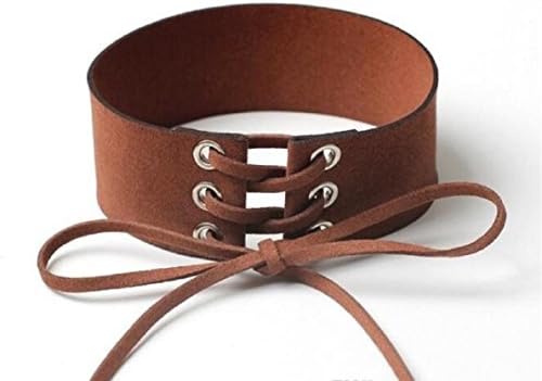 Kzoo Warehouse Suede Choker Necklace with Leather Straps Multiple Colors, red, white, beige, black, brown, leather and Rose Gold, Velvet Gothic Punk Chic Vintage for girls and women (Brown)