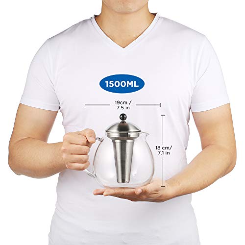 glastal Glas Silberne Teekanne 1500ml mit 18/8 Edelstahl Teesieb Borosilicate Glas Teebereiter Glaskanne Geeignet für Teewarmer – Bild 4