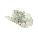 White Straw Cowboy Hat With Shell Buttons - Shapeable Brim