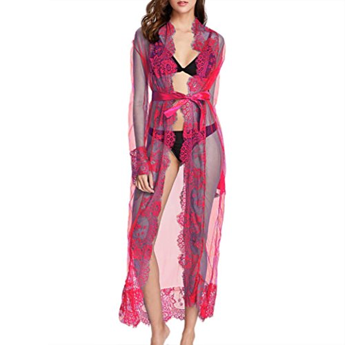 Women Sexy Long Babydoll Nightgown, Balakie Ladies Lingerie Bath Rob Lace Stitching Long Bathrobes Nightdress (L, Hot pink)