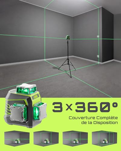 LasGoo 3x360° Self Leveling Laser Level, Green Cross Line Laser for Building and Hanging Photos, Rechargeable Battery, Remote Control, Magnetic Rotary Bracket Included - LG-3Dx