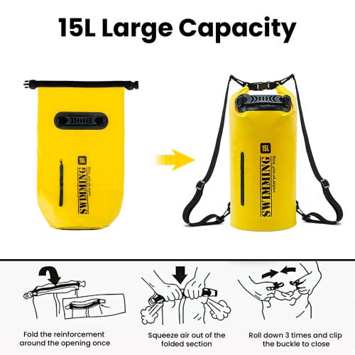 Dry Bag Rucksack Aufgerüstet,15L Wasserdichter Beutel,Wasserdichter Rucksack, Waterproof Packsack Wasserdicht,Wasserfeste Tasche für Reisen,Kanu,Outdoor Camping,Trekking,Wandern,Wassersportarten