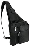 Mens Womens Black Cowhide Leather Crossbody IPAD Compatible Shoulder Sling Bag with Carabiner