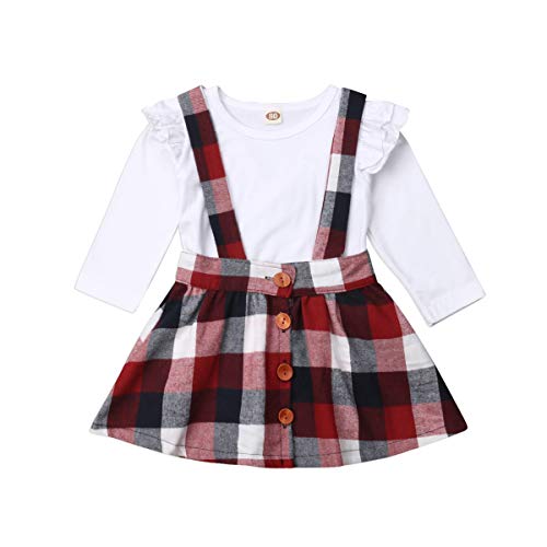 Toddler Baby Girl Infant Plain T Shirts Plaid Overall Skirt Set Cotton Outfits (White+Burgendy, 4-5T)