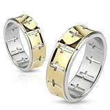 STR-0054 Stainless Steel Gold IP Die-Cut Cross Pattern Band Ring; Comes With Free Gift Box (10)