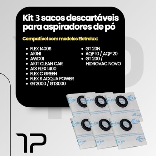 Kit 9 Sacos Descartáveis Aspirador de Pó Filtros Compatível Eletrolux A10N1 AWD01 A10T A10 Clean Car A13 AQP 10 20 Flex 1400 Flex Green Acqua Power 1400S GT 2000 GT 3000 GT 20N GT 200 Hidrovac