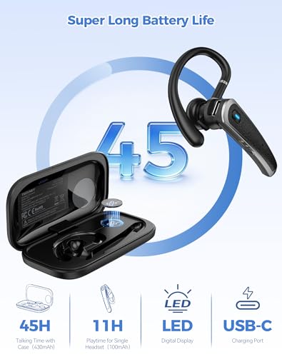 TECKNET Bluetooth Earpiece, Bluetooth 5.4 Wireless Headset with Dual Mic ENC Noise Cancelling & Mute, Real-Time AI Translation, 56H LED Charging Case, Single-Ear Headset for Business, Travel, Truckers