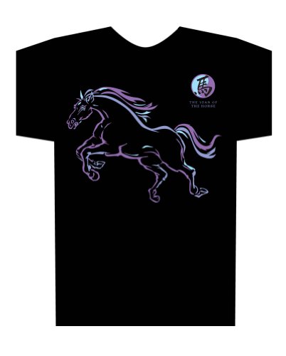 Asian Oriental Chinese Zodiac Neon-NRG Black T-Shirt - Year of the Horse: Birth years 1930, 42, 54, 66, 78, 90, 2002, 2014
