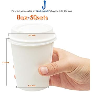 •GOLDEN APPLE, Disposable Paper Coffee Cups 8 oz. Cups & Lids Quantity 50 Cups per Pack. Perfect for On-The-Go Hot or Cold Beverages.