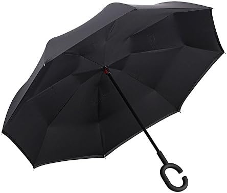 Double Layer Inverted Umbrella, Windproof UV Protection Folding Straight Rod Reverse Umbrella for Car and Outdoor Use with C-Shaped Handle(Black)