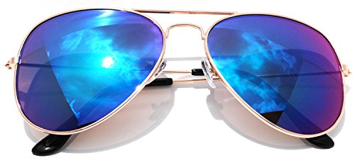 Classic Aviator Sunglasses Full Mirror Lens Metal Gold Color Frame Blue Lens