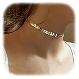 Suyi Women Girl Unique Alloy Fish Bones V Shape Sequins Choker Necklace with Long Chain Pendant B-Gold
