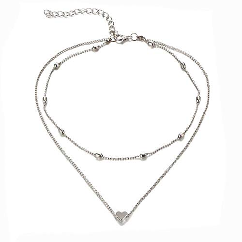 Layered Choker Necklace Set,Haluoo Women’S Ball Collar Chain Necklace Girls Tiny Heart Choker Necklace Lightweight Women Adjustable Multi-Layered Necklace Fashion Jewelry (Silver)