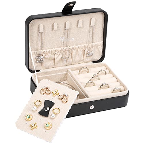 Voova Small Jewelry Organizer Box, Travel Jewelry Case for Women Teen Girls, Mini PU Leather Portable Jewellery Storage Boxes Holder with Smart Earrings Plate for Necklaces Rings Bracelets, Black