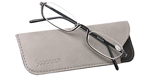 SOOLALA Ladies Rhinestone Designer Alloy Half Frame Stylish Slim Reading Glass, Gun, +1.25