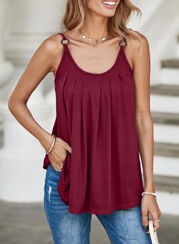 BLENCOT WOMENS SUMMER SLEEVELESS ADJUSTABLE SPAGHETTI STRAP CAMISOLE CASUAL PLEATED SHIRT LOOSE BASIC TANK TOPS RED XL
