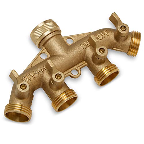 Morvat Updated Heavy Duty All Brass Garden Hose Splitter 4-Way, Garden Hose Adapter, Heavy Duty Water Hose Splitter, Hose Bib Outlet Splitter with Updated Handles, Includes Extra 8 Rubber Washers