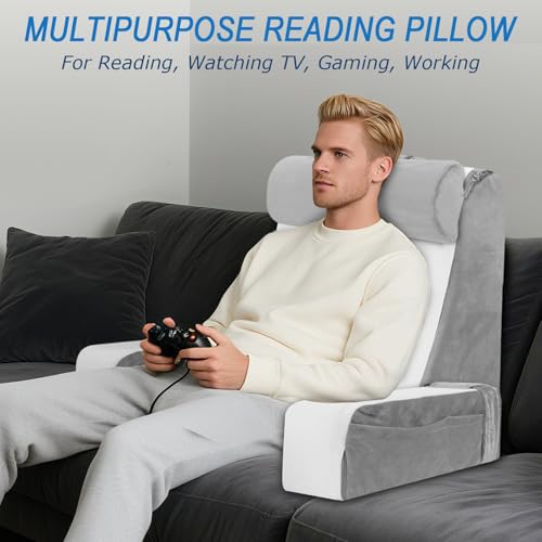 HOMCA Reading Pillow for Bed and Sofa with Removable Neck Pillow and Armrests, Pillows for Reading/Relaxing/Watching TV, with Pocket and Washable Cover (38x47x57cm)