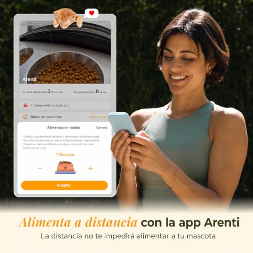 ARENTI Dispensador Croquetas para Perro Gato con Cámara 3MP WiFi 5G/2.4G, 4.5L, con Fuente Agua Inoxidable, Visión Ajustable, IA Detección Mascotas/Sonidos, Alerta Falta Comida, Audio Bidireccional