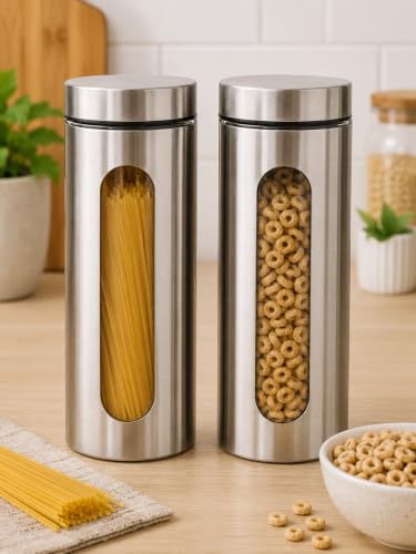 Kit Com 2 Potes Vidro Vítreo Grande Revestidos Em Inox 1,8L | Com Tampa de Vedação e Visor - Ideal para Armazenar Macarrão, Arroz, Feijão, Açúcar, Grãos e Mantimentos
