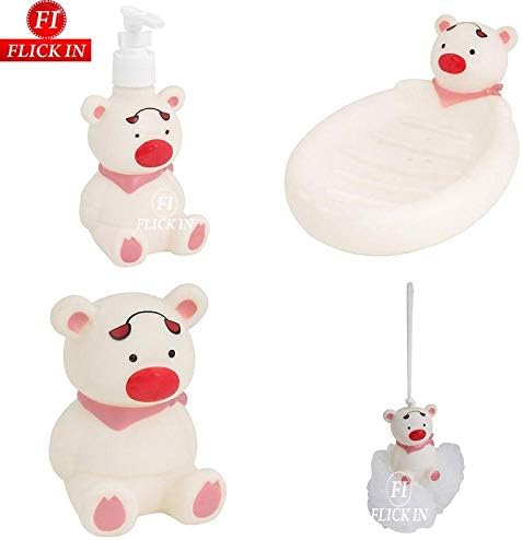 Bear Character Bathroom Set for Kids by Flick In | Soap Dispenser Dish Loofah Toothbrush Holder Bathroom Set for Kids | Bath Toy Pack of 4 (White)