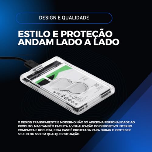 Case Externa 2.5" Alta Velocidade USB 3.0 e Sata 3, Transmissão 6Gbps, Suporte até 3TB, Design Transparente