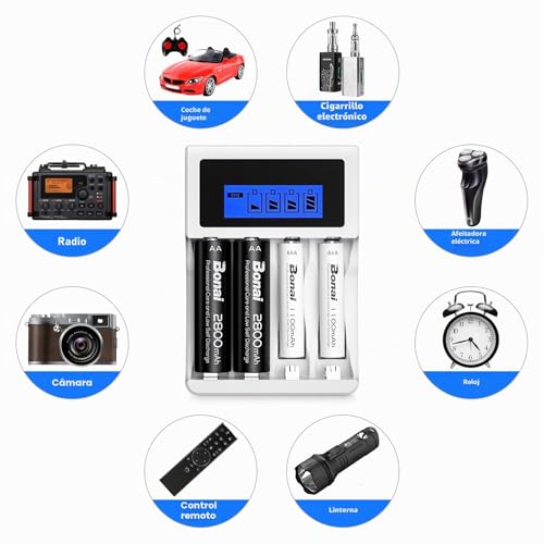 BONAI LCD Rechargeable Battery Charger with 4 Bay AA AAA, 4 Pieces AA 2800mAh & 4 Pieces AAA 1100mAh Ni-MH
