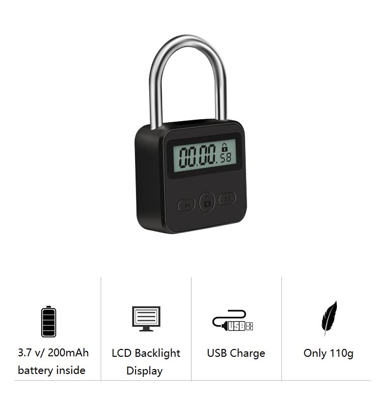 Enajucy Metal Timer Lock - Electronic Time Padlock with LCD Display - USB Rechargeable (Black)
