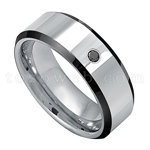 2-Tone Tungsten Carbide Comfort Fit Wedding Band - 0.07ct Black Diamond Solitaire Tungsten Ring - Polished Black IP Beveled Edge Tungsten Ring