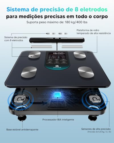 arboleaf Balança Digital Corporal com Bioimpedância, 50+ Métricas Balança de Bioimpedância Inteligente, Balanca Digital de Chao, Balança de Banheiro com BIA de Dupla Frequência e 8 Eletrodos Bluetooth