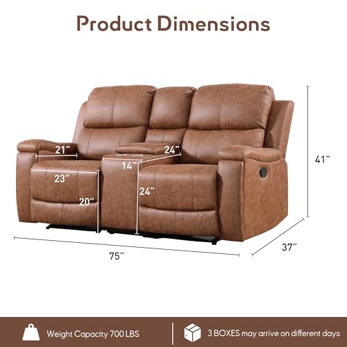 CANMOV Leather Recliner Loveseat, Manual Reclining Sofa with Hidden Cup Holders & Storage Console, Padded Headrest & Lumbar Support Recliner Couch for Living Room, Home Theater, Brown (Loveseat)