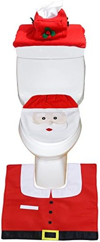 Christmas Santa Toilet Seat Cover, Rug, Tank & Toilet Paper Box Cover Set Red - Funny Christmas Bathroom Decorations - Set of 3