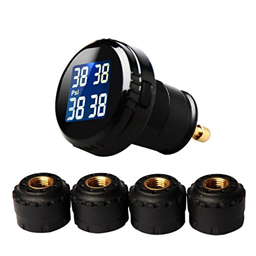 Vesafe Tire Pressure Monitoring System TPMS, Wireless Real-time Cigarette Lighter Plug TPMS CL-201, Tire Pressure and Temperature Gauge with 4 DIY External Cap Sensors (0-6Bar/0-87Psi)