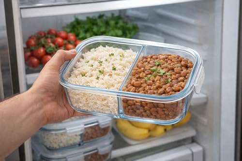 Kit com 5 Marmitas de Vidro com Divisória 1040ml - Potes Herméticos com Tampa e 2 Compartimentos - Ideal para Meal Prep Fitness - Vai ao Microondas, Forno e Freezer