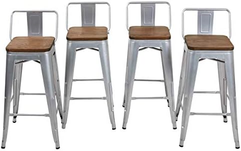 Yongqiang Metal Bar Stools with Back Set of 4 Barstools Chairs Bar Height Stools with Wooden Seat 30" Silver
