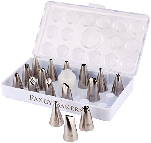 FancyBakers 17 Piece Cake Decorating Tip Set, Kit includes 16 of The Most Popular Stainless Steel Tips, Reusable Coupler &amp; Storage Case Also for Pastry &amp; Icing Cup Cakes