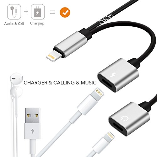 DISDIM 2 in 1 Aluminum Dual Lightning Charging Adapter & Female Headphone Jack Aux Audio Splitter Cable for iPhone X / 8 / 8 Plus /7 /7 Plus,iOS 11 with Calling Function and Music Control (Silver)