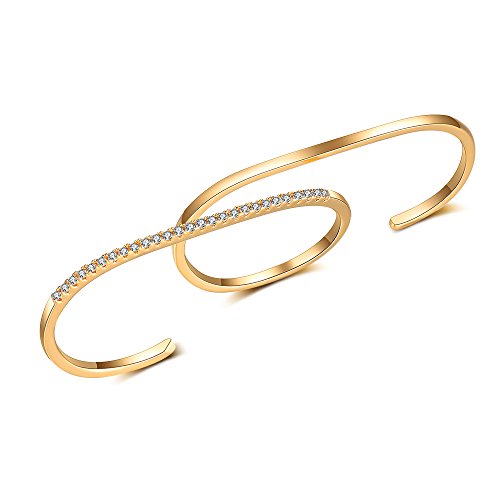 dnswez Size 6/7 Expandable CZ Multiple 3 Finger Ring Cuff Gold Cocktail Rings for Women GIFT Package