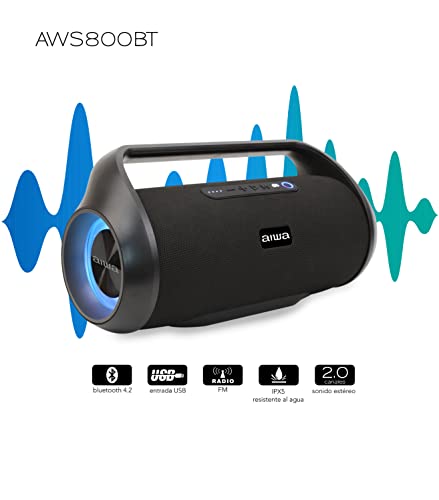 Aiwa Bocina Inalámbrica AWS800BT con 70 W RMS, Bluetooth 4.2, TWS, IPX5 Resistente al Agua, Radio FM, Iluminación RGB, Batería 3600 mAh, Entrada USB y Diseño Portátil Color Negro