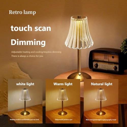 Crystal Table Lamp, Dimmable 3-Color LED Touch Cordless Lamp, Rechargeable Small Nightstand and Bedside Lamp for Bedroom, Bar and Restaurant, 28.5 x 12 CM