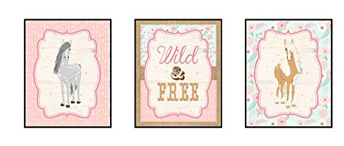 Horse Wall Art Wild and Free Pink Burlap Boho Flowers Pony (Set of 3 Prints)