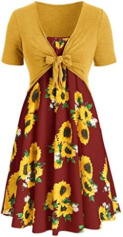 WEISUN Women Summer Dresses Plus Size Maxi Dress Short Sleeve Sunflower Print Mini Dress Sundress Bow Knot Bandage Top