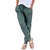 Puimentiua Womens Tapered Pants Cotton Linen Drawstring Back Elastic Waist Pants Casual Trousers with Pockets