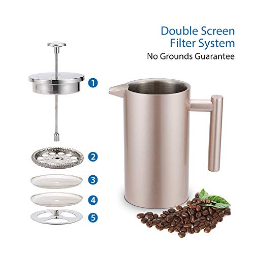 SULIVES Large Stainless Steel French Press Coffee Maker Double Wall Vacuum Insulated Stainless Steel- 34oz/ 1000ml (Champagne Gold)