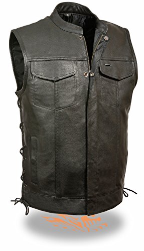 Men's SOA Leather Vest w/ Side Lace, Snap & Zipper Front Closure & Dual Inside Conceal Weapon Gun Pockets (XX-Large)