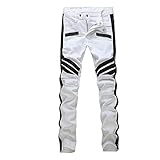 Krralinlin Men White Straight Distressed Ripped Denim Casual Pants Skinny Jeans