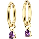 FANSING Lightweight Drop Dangle Huggie Earrings for Women with Teardrop Birthstone Ornament 18k Gold Plated 316L Surgical Steel