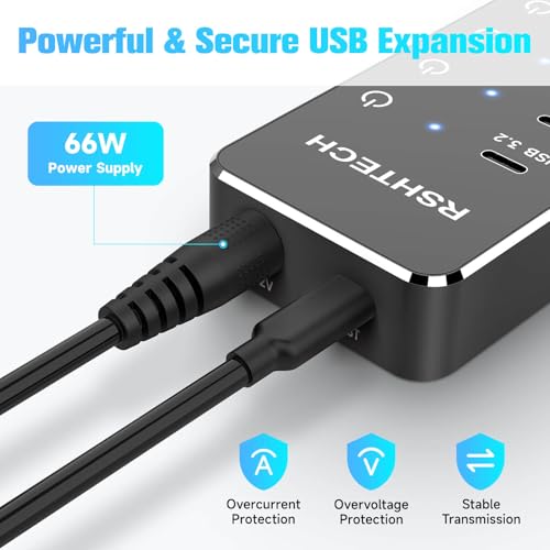RSHTECH USB Powered Hub, 10 Ports USB C Hub That 3 Ports USB 3.2 to 10Gbps (2C+1A), 4 USB 3.0 Ports to 5Gbps (2C+2A), 2 Fast Charge USB-C Ports to 45W, PD 100W, Adapter 66W, RSH-ST10P